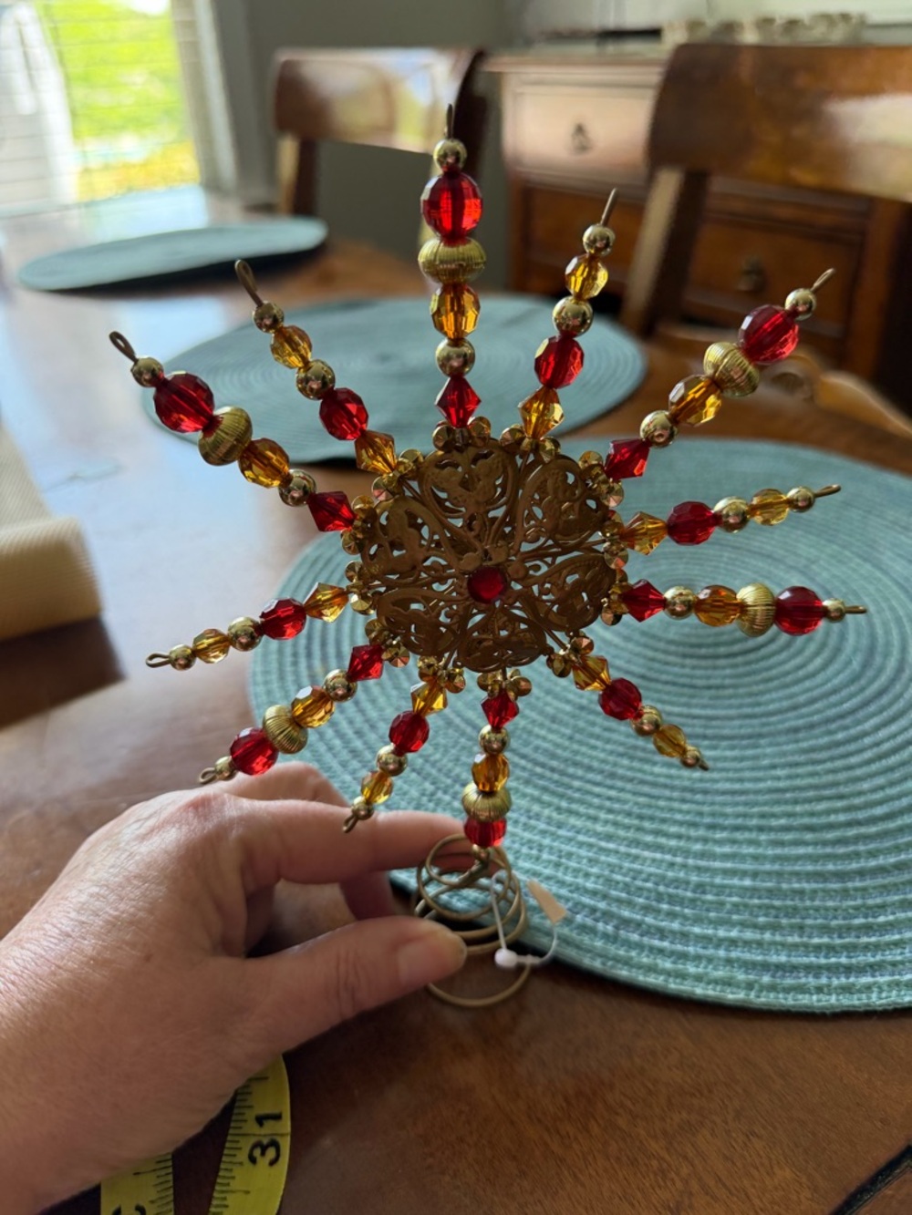 Beaded Gold Filigree Starburst Christmas Tree Topper with Red & Amber Beads